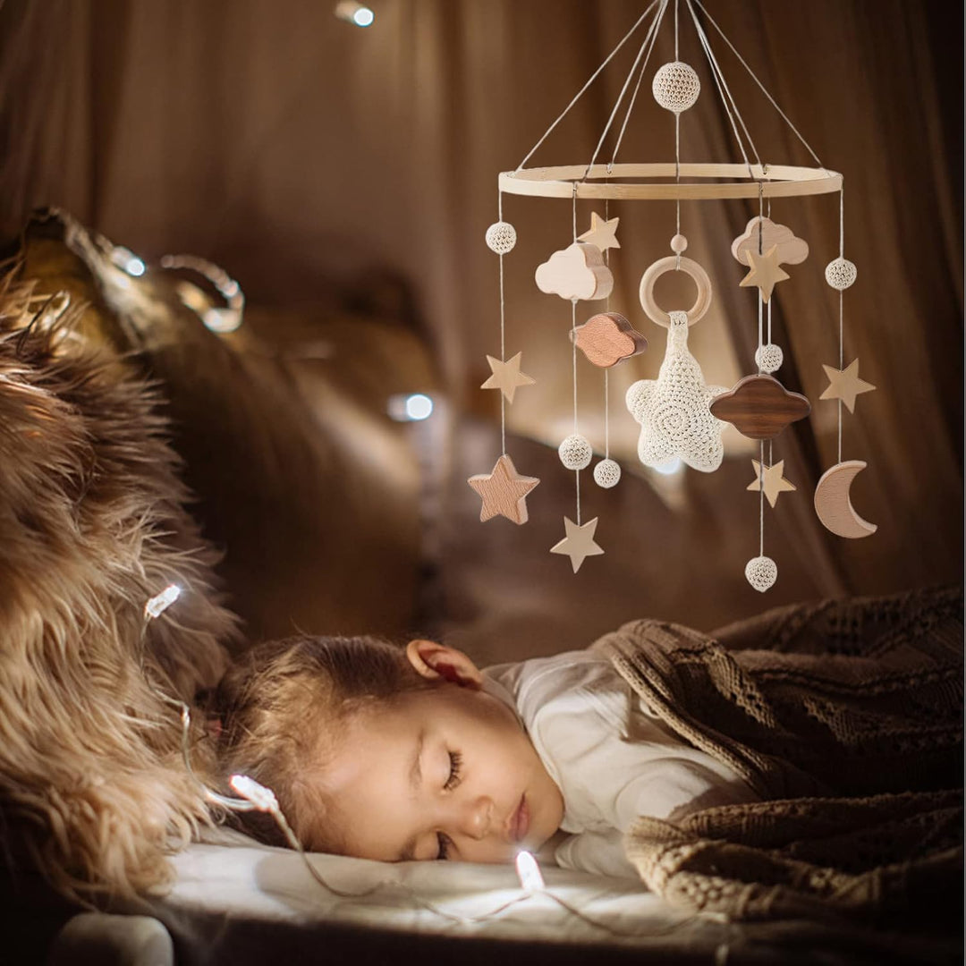 Mobil Baby Windspiele mit Wolken Mond Sterne Handgefertigt Holz Gehäkelt Bettglocke Anhänger zum Auf