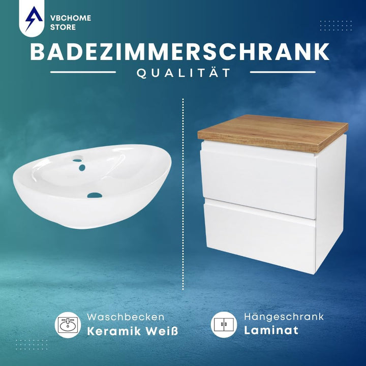 VBChome Badmöbel 60 cm Weiss Aufsatzwaschbecken mit Hahnloch 59x39 cm Aufsatzwaschtisch mit Waschbec