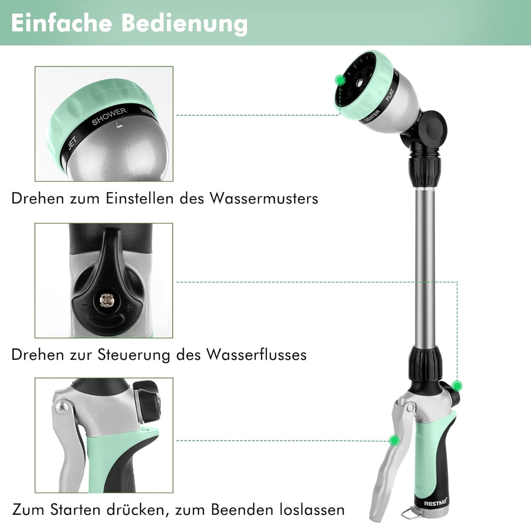 RESTMO Garten Giessstab Metall, 42cm Lang Giessstab, 180° schwenkbaren Kopf Stabbrause mit Durchflus