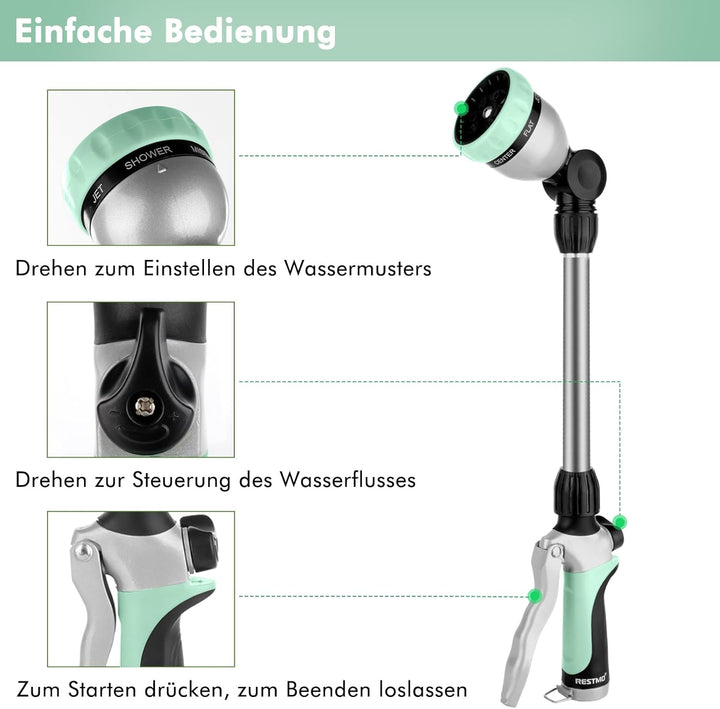 RESTMO Garten Giessstab Metall, 42cm Lang Giessstab, 180° schwenkbaren Kopf Stabbrause mit Durchflus