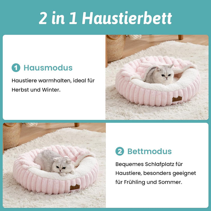 COZY KISS Katzenbett mit Decke 50x50x15cm - Flauschige Kleine Katzenhöhle - Kissen, Runde kleine Hun