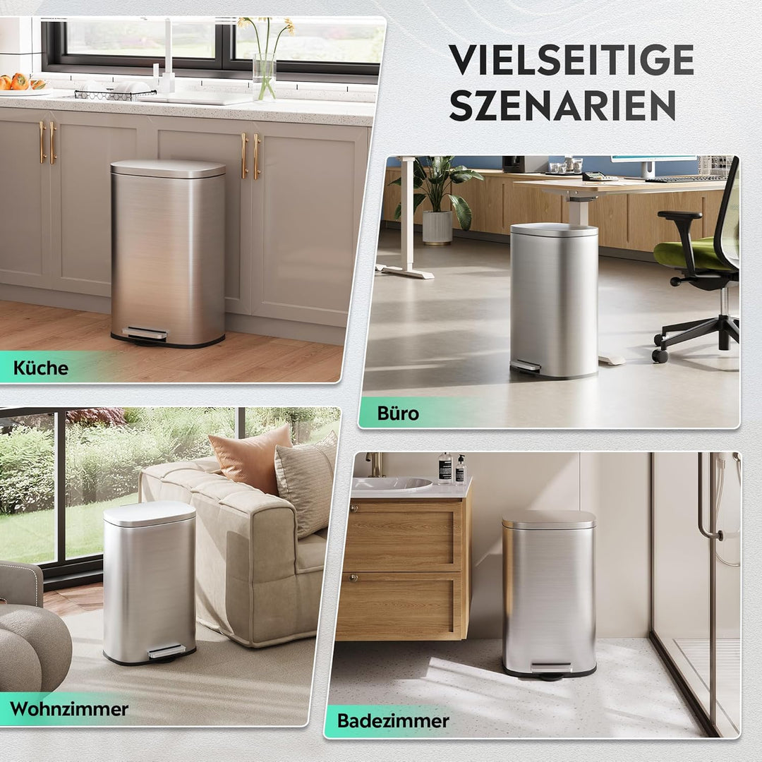 WLIVE 50L Mülleimer aus Edelstahl, grosser Treteimer mit Inneneimer und Soft-Close-Deckel, Abfalleim