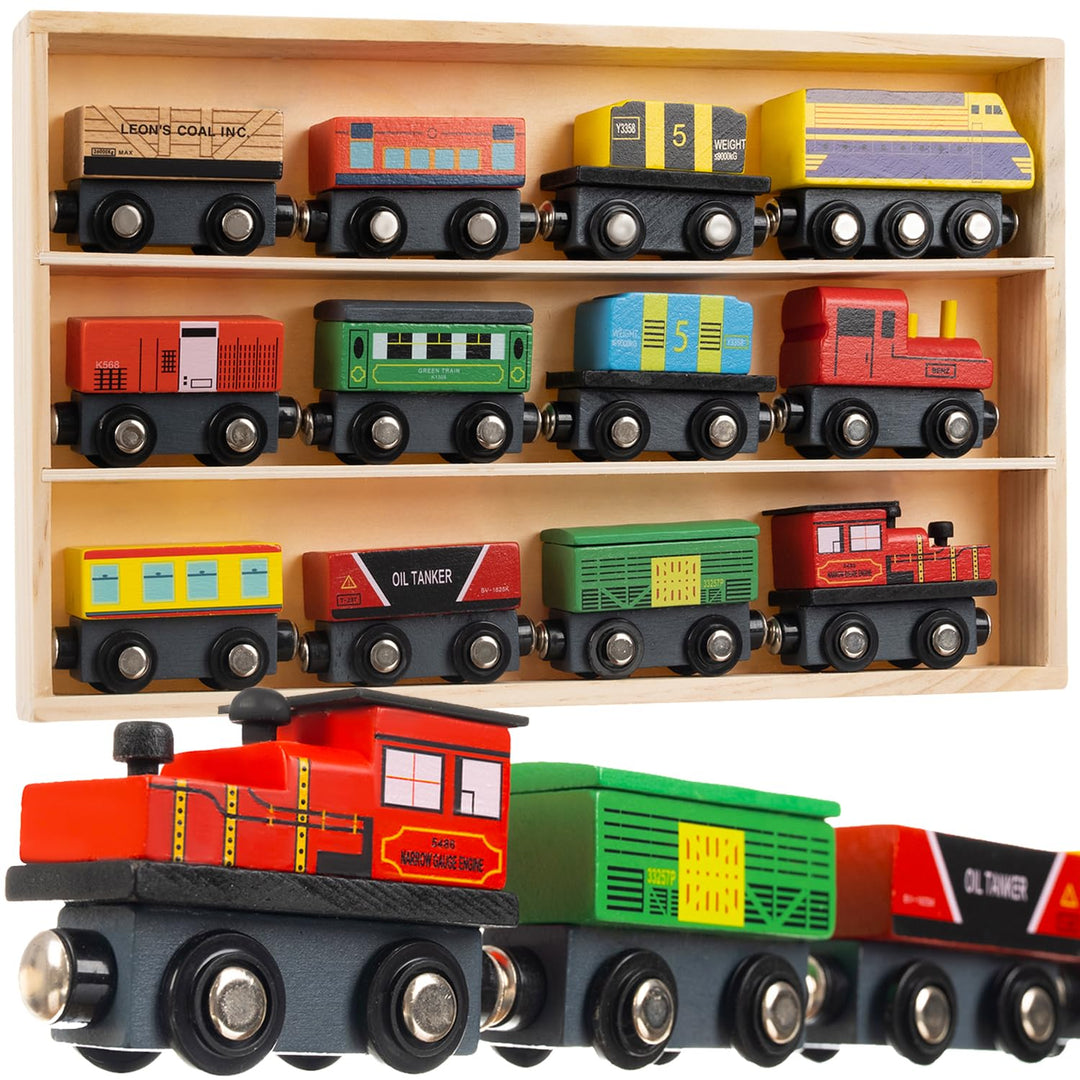 KRUZZEL Holzeisenbahn Set mit Organizer 3 Lokomotiven 9 Waggons Magneteisenbahn Montessori 23522