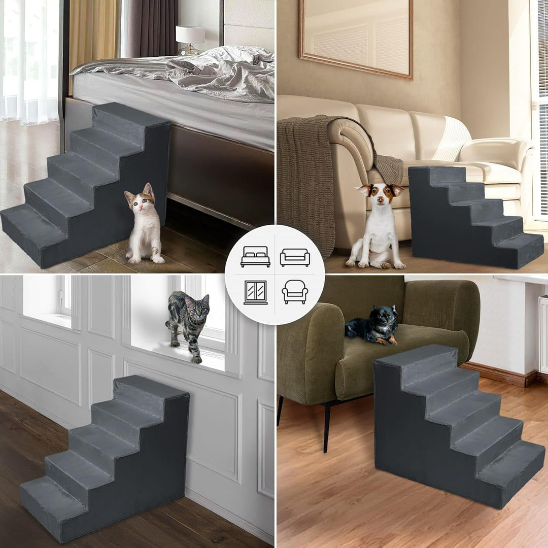 Mg Design Hundetreppe 5 Stufen in Dunkelgrau – Stabiler Holzrahmen, gelenkschonend, leicht & mobil,