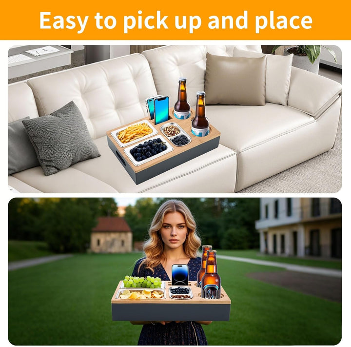 Couchbar Snackbox Grau Mit Snackschalen Aus Edelstahl Sofa Tablett Geeignet für Wohnzimmer, Sofa, Ga
