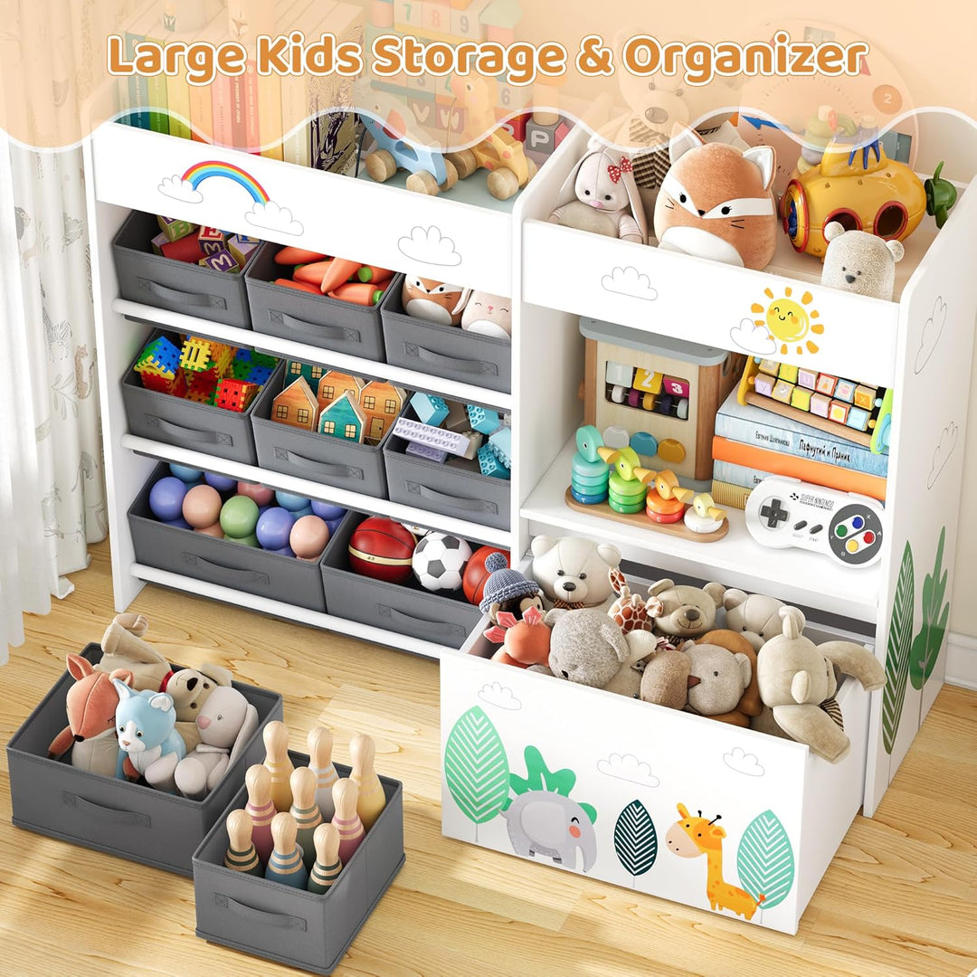 HOCSOK Spielzeugregal, Kinderregal mit 10 Stoff Aufbewahrungsboxen, Bücherregal, Spielzeugkiste auf
