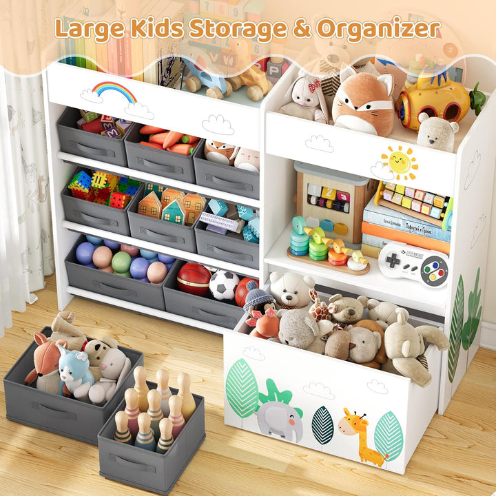 HOCSOK Spielzeugregal, Kinderregal mit 10 Stoff Aufbewahrungsboxen, Bücherregal, Spielzeugkiste auf