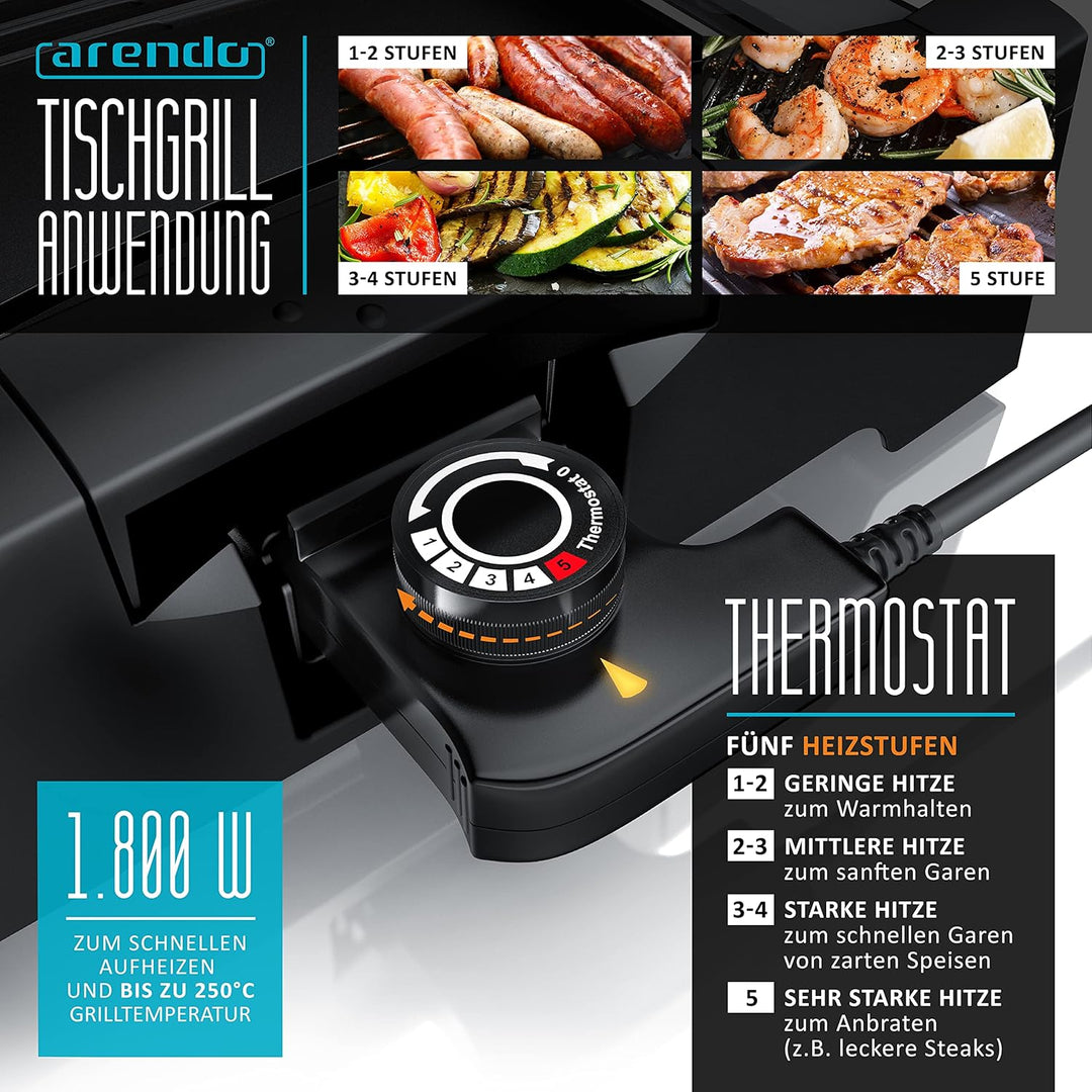 Arendo - Gourmet Tischgrill Elektrogrill Edelstahl - 1800 W - mit Glasabdeckung - für Balkon Garten