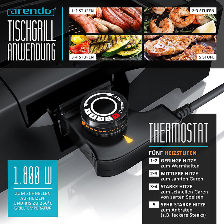 Arendo - Gourmet Tischgrill Elektrogrill Edelstahl - 1800 W - mit Glasabdeckung - für Balkon Garten