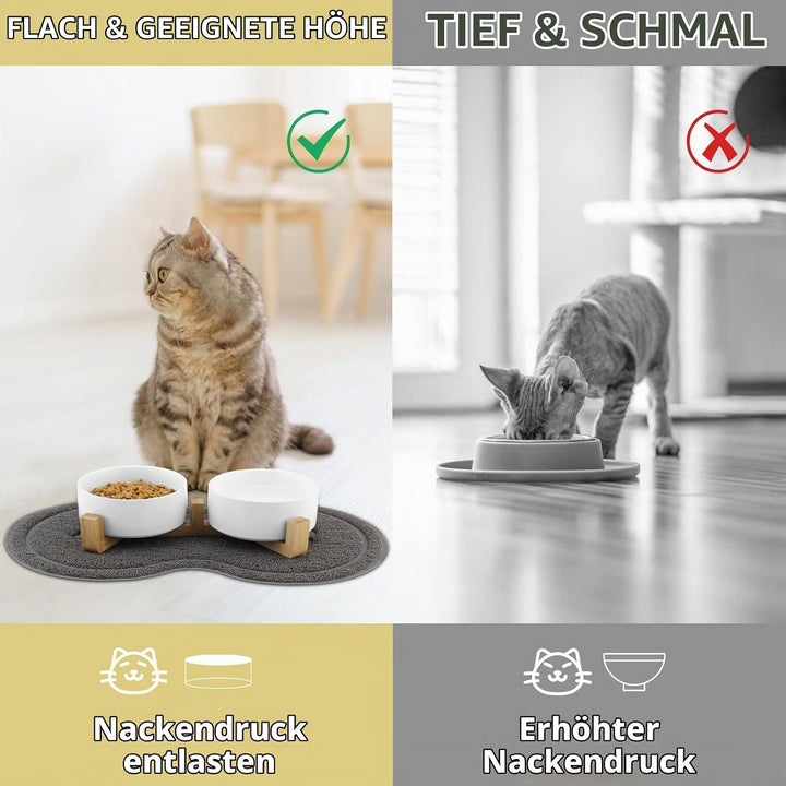 Katzennapf, 2 Stück Keramik Futternapf Katze Set, 3-in-1 rutschfeste Katzennäpfe mit Holzstände und