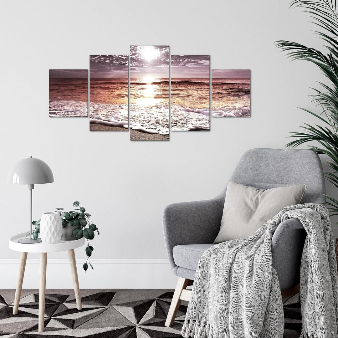 Runa Art Wandbilder Sonnenuntergang Strand 5 Teilig Bild auf Vlies Leinwand Deko Schlafzimmer Wohnzi