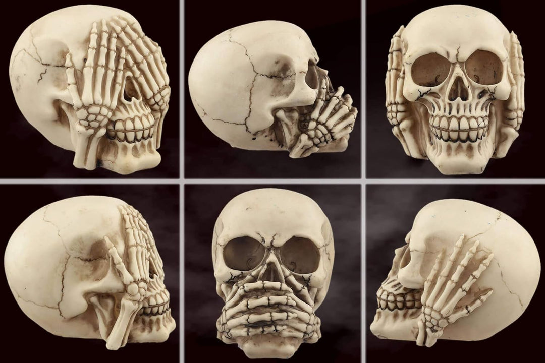 Deko Totenkopf Spardose ''Nichts Hören, Nichts sehen, Nichts Sagen'' - Set aus 3 Totenschädeln - Höh