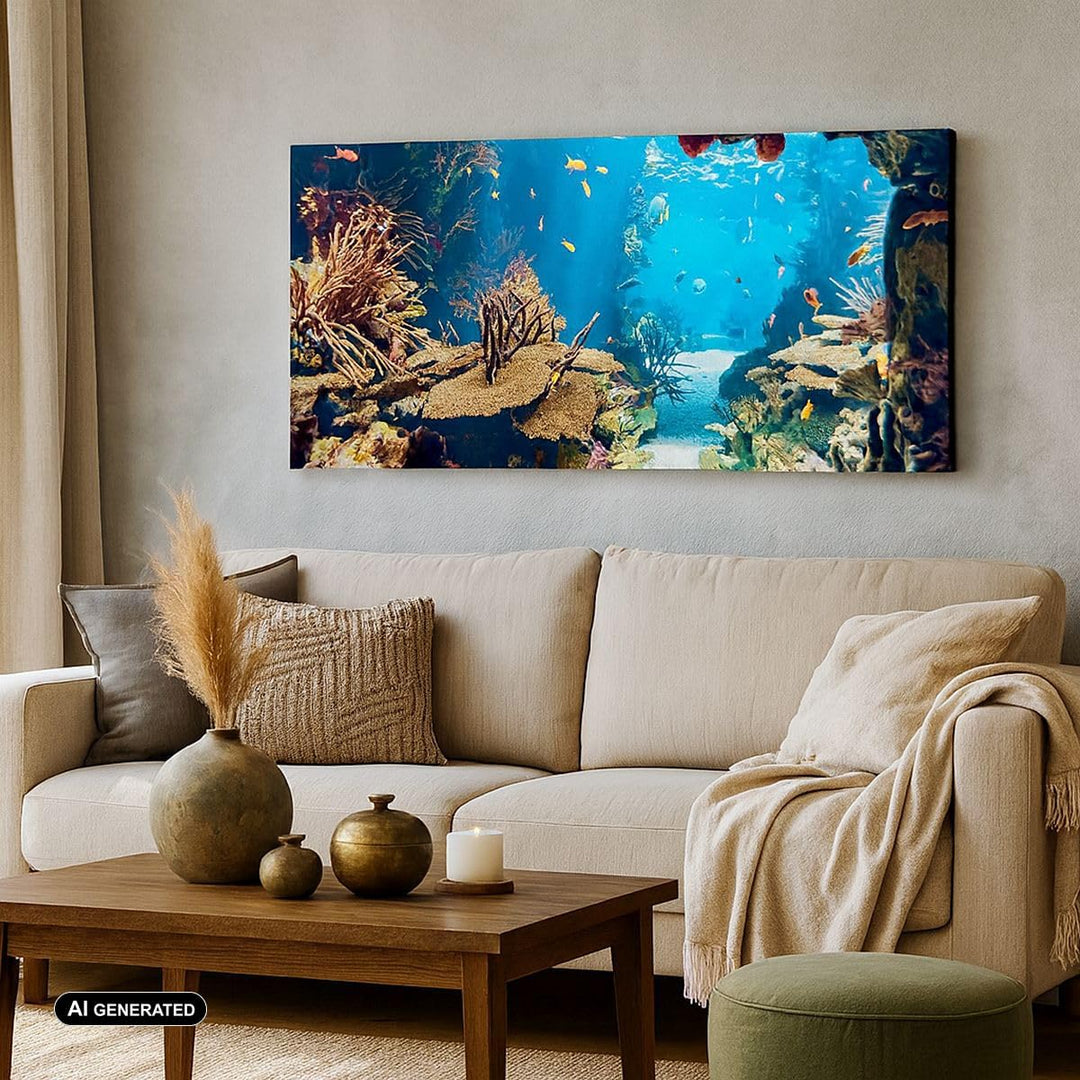 Wandbilder Dekoration Wohnzimmer Ozean Riff Fische Koralle Panorama Bilder auf Leinwand 120x50cm Lei