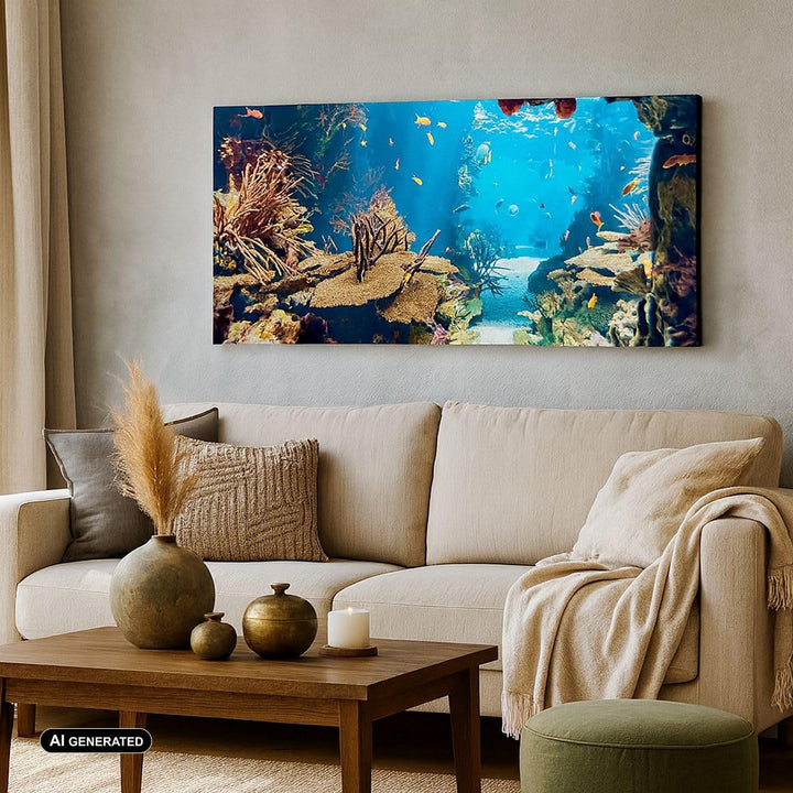 Wandbilder Dekoration Wohnzimmer Ozean Riff Fische Koralle Panorama Bilder auf Leinwand 120x50cm Lei