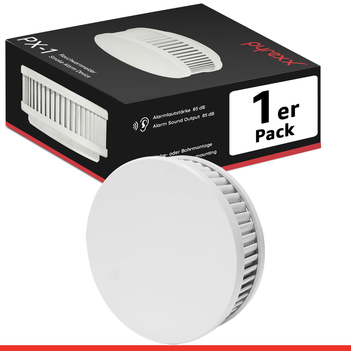 Pyrexx PX-1 • 1 Stück • Rauchmelder 10 Jahre Batterie mit Magnet-Halterung ohne Bohren und LED-Blink