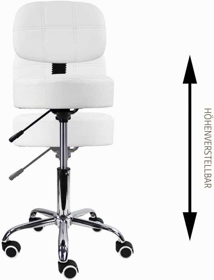 KKTONER Rollhocker Arbeitshocker mit Rückenlehne Höhenverstellbarer 50-64cm PU Leder Weiss, Weiss