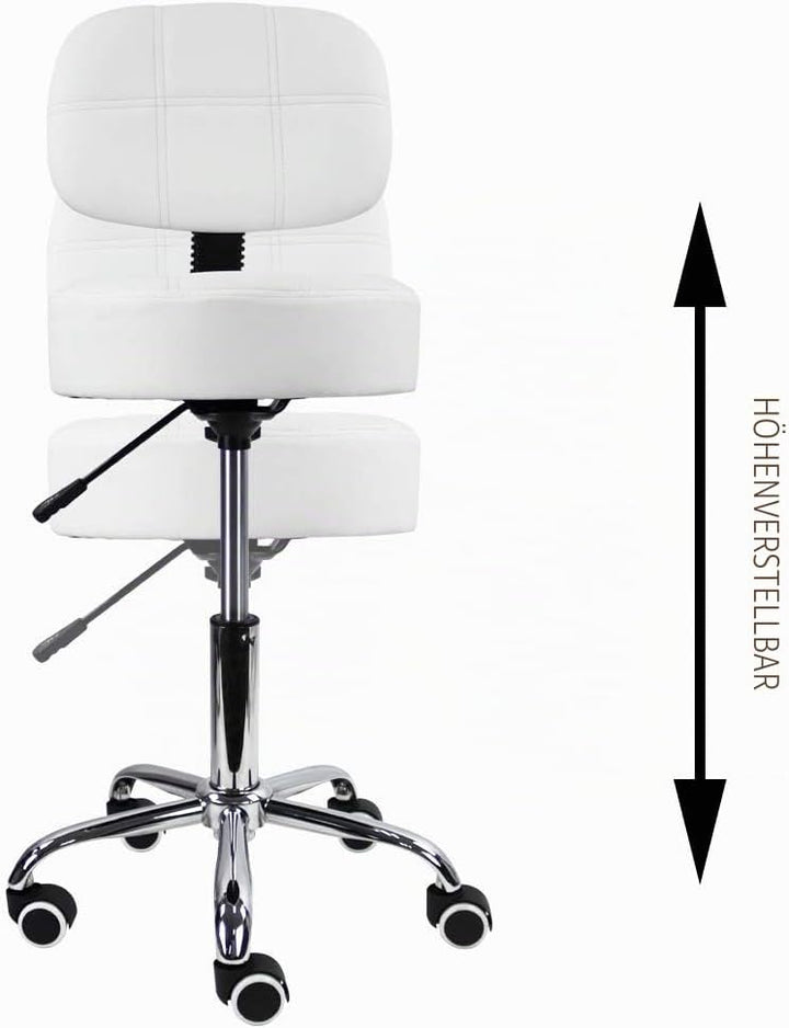 KKTONER Rollhocker Arbeitshocker mit Rückenlehne Höhenverstellbarer 50-64cm PU Leder Weiss, Weiss