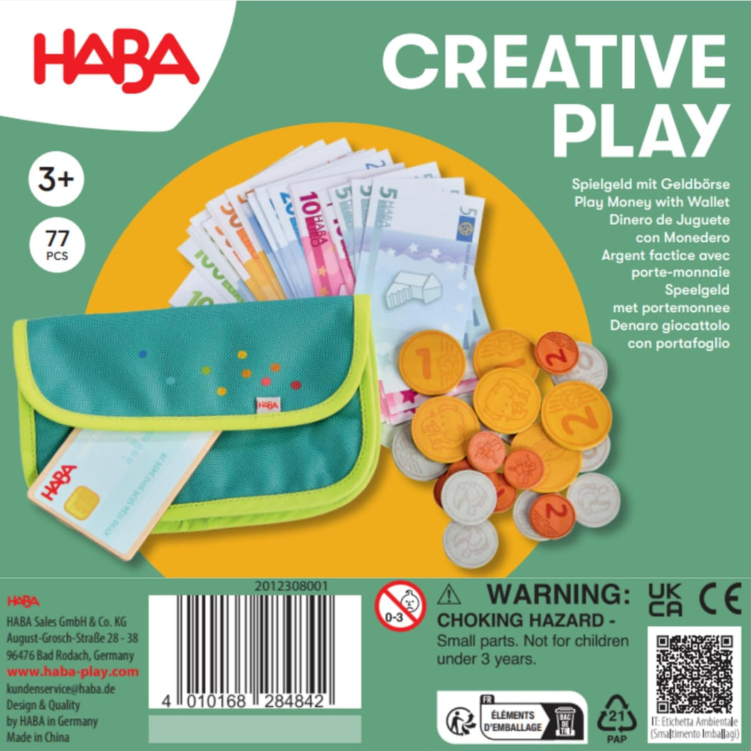 HABA Creative Play Spielgeld-Set – Geldbeutel für Kinder mit Holzmünzen, Geldscheinen & Spielgeld –