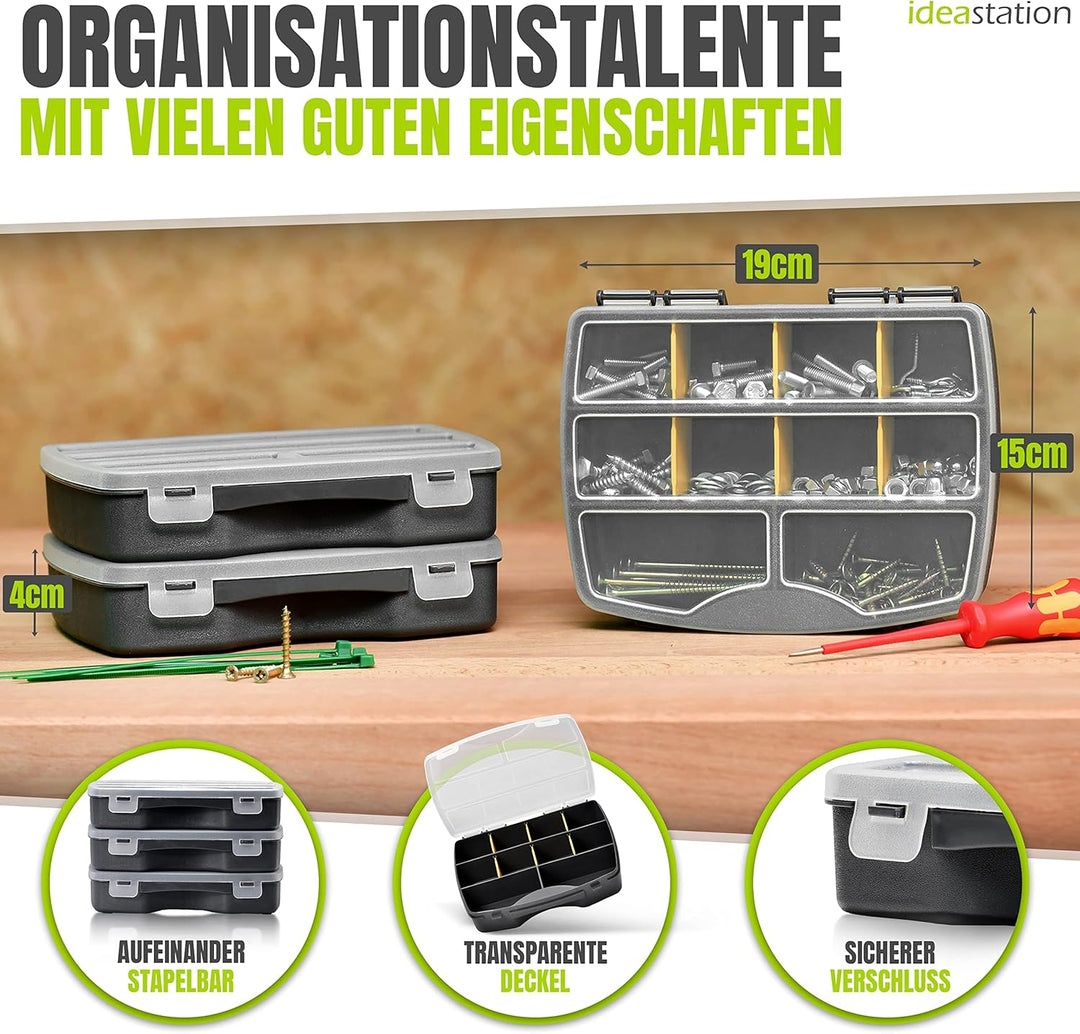 Sortierkasten 3 Stück / 19 x 15 cm - anthrazit - Organizer Box mit transparentem Deckel - Sortierbox