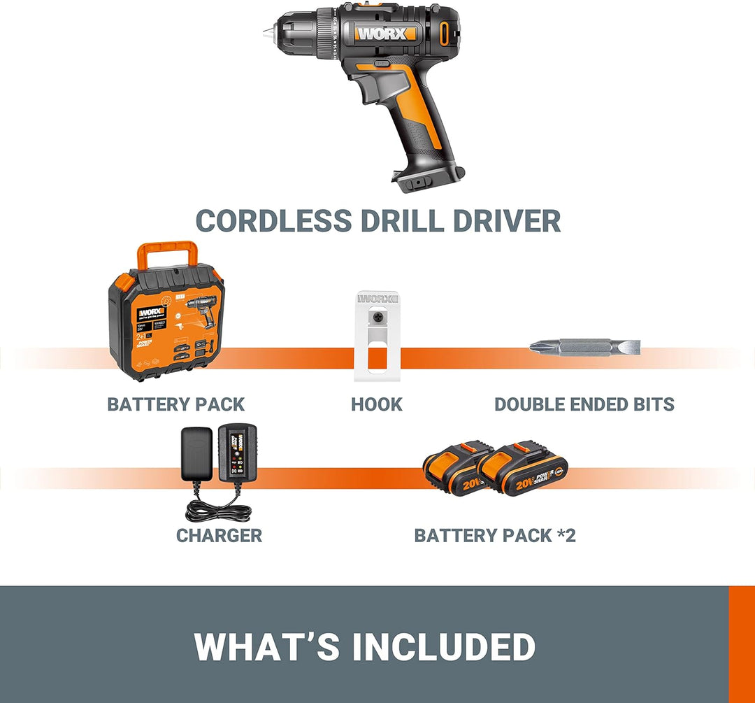 WORX 18V (20V) Akku-Bohrschrauber WX100.3, PowerShare, max. 30 Nm Drehmoment, variable Drehzahl, LED