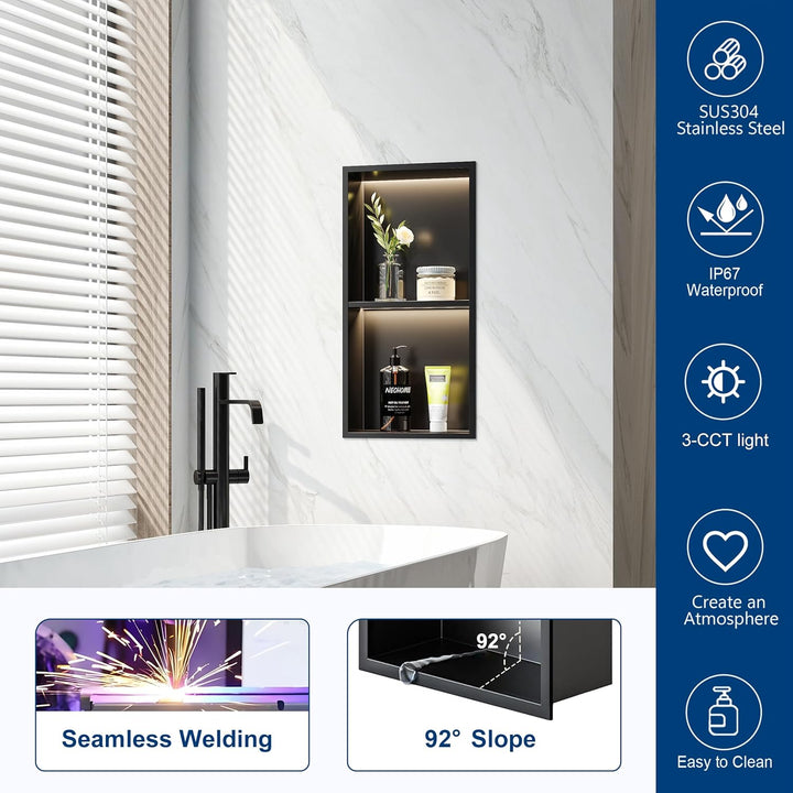 Wandnische Dusche Edelstahl mit LED-Licht, Eingebettete Duschnische mit Regal 60x30cm mit Farbtemper