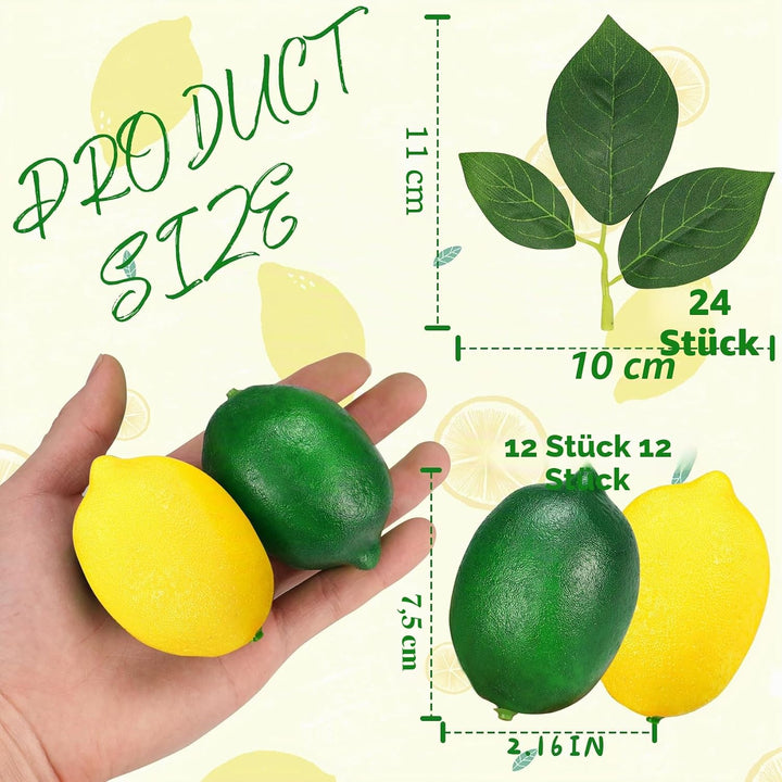48 Pcs Fake Zitronen deko Künstliche Früchte Lemon mit Blättern, Faux gelbe Zitronen Dekor Realistis