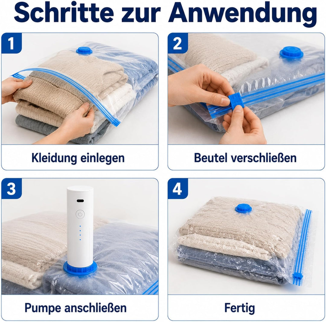 Vakuumbeutel mit Pumpe – 6er Set XXL 100x80 cm, elektrische Vakuumpumpe für Kleidung & Bettdecken |