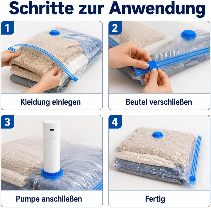 Vakuumbeutel mit Pumpe – 6er Set XXL 100x80 cm, elektrische Vakuumpumpe für Kleidung & Bettdecken |