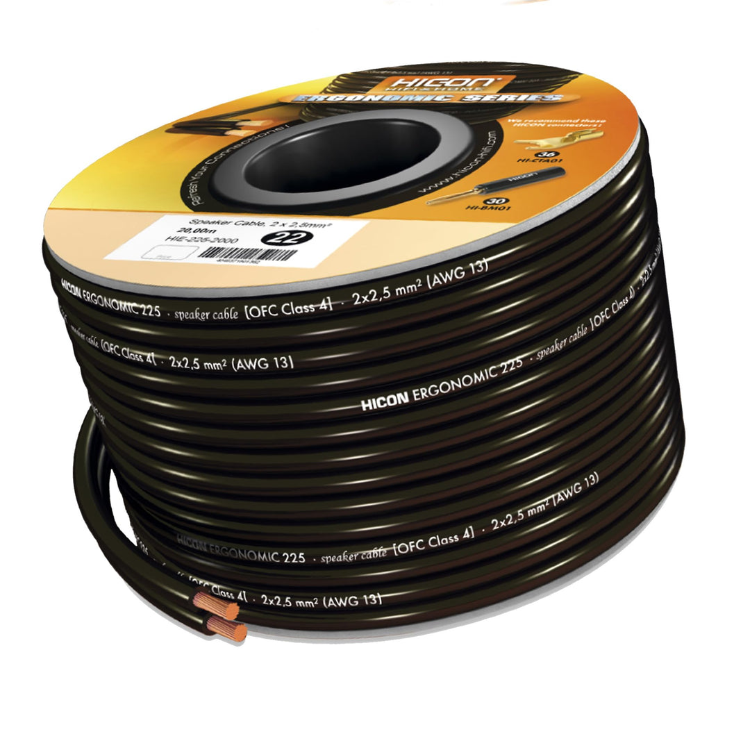HICON Ergonomic HIE-225-1000 2 x 2,5mm² Lautsprecherkabel OFC Kabelspule schwarz 10m