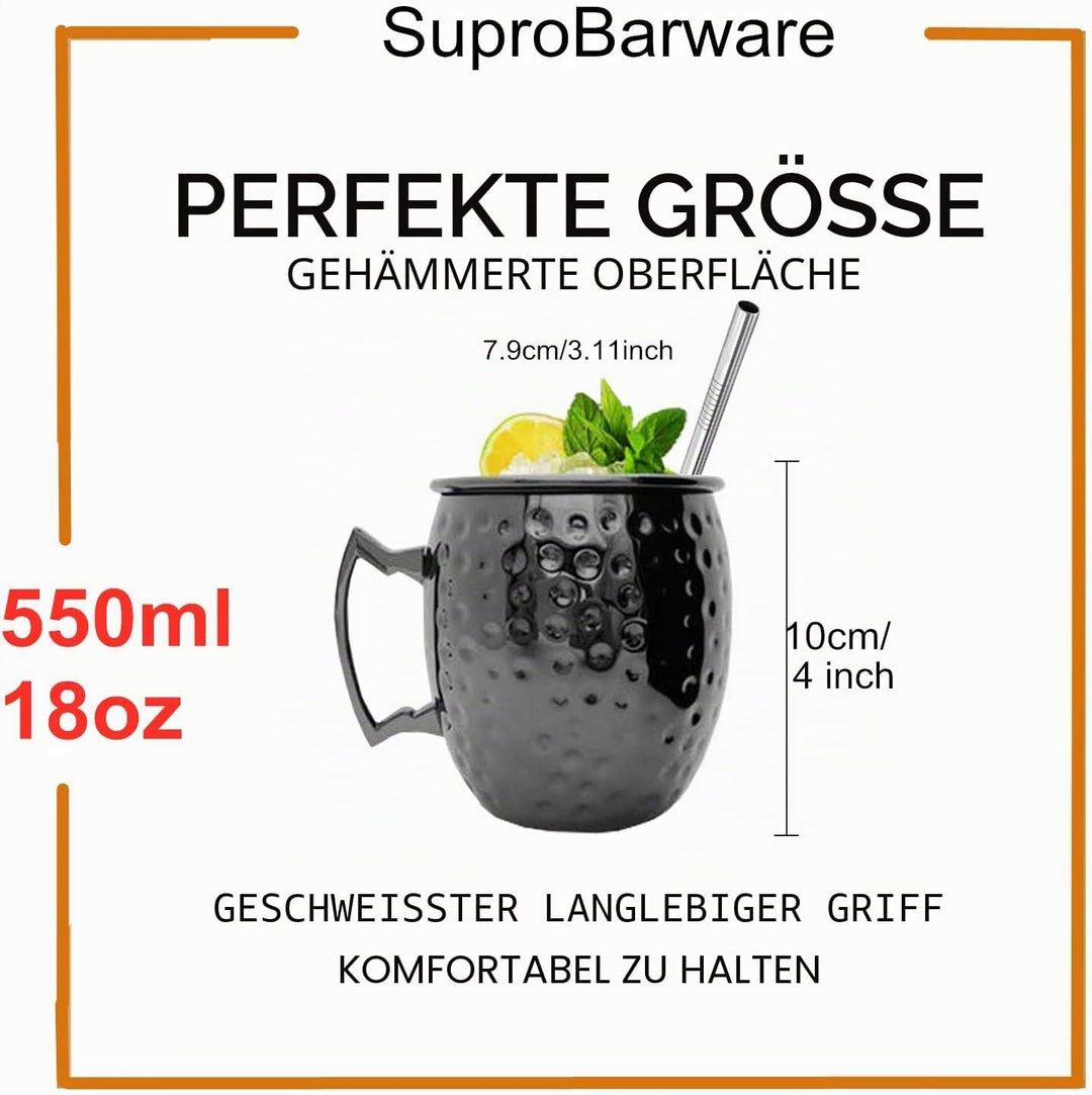 Moscow Mule Becher, Set 4er, Gunmetal schwarz 550ml, Moscow Mule Mug mit 4 Becher, 4 Trinkhalme, 1 M