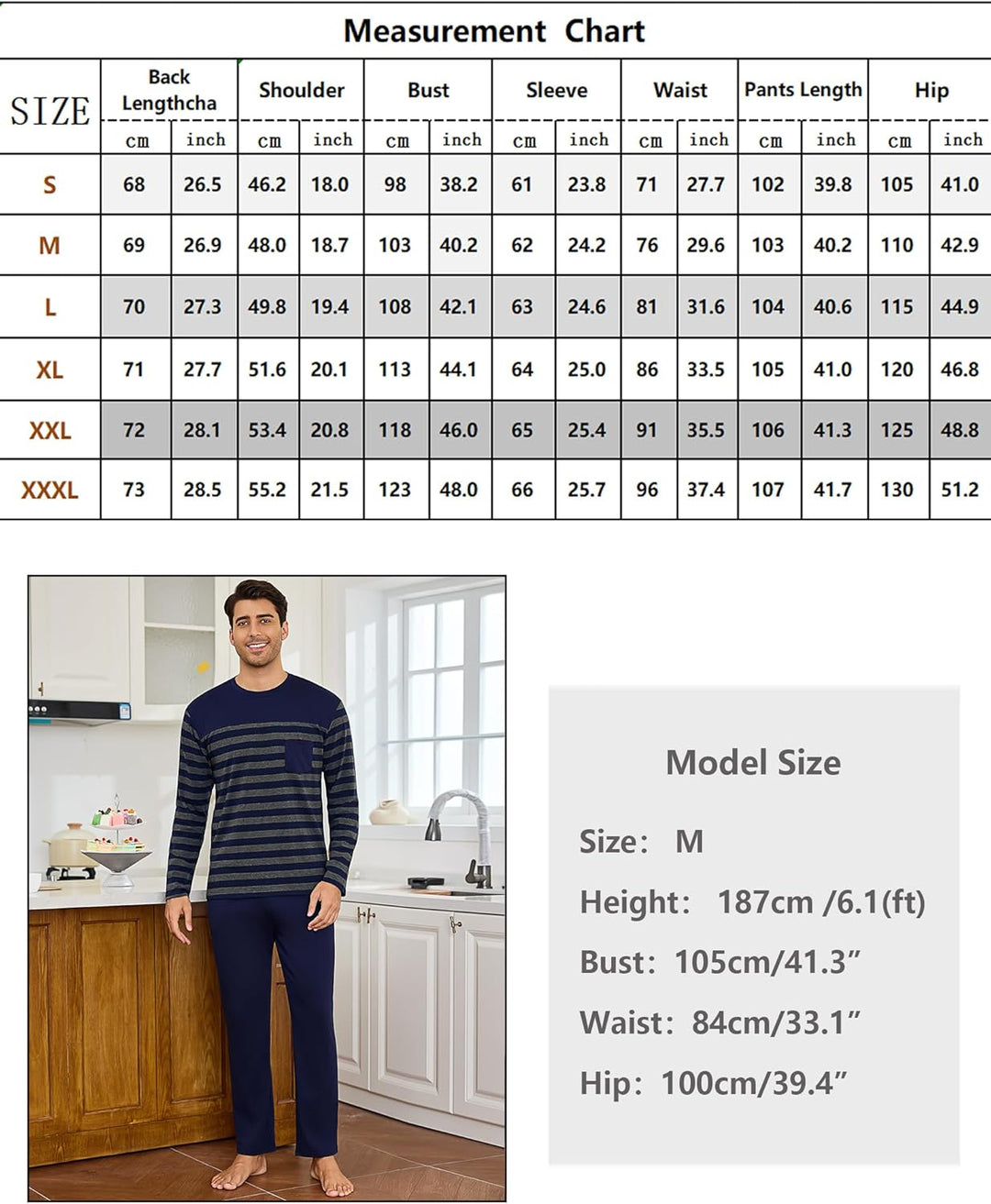 Irdcomps Schlafanzug Herren Pyjama Lang Winter Baumwolle Nachtwäsche Männer Set Langarm Gestreift L