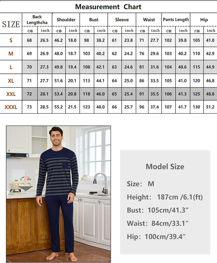 Irdcomps Schlafanzug Herren Pyjama Lang Winter Baumwolle Nachtwäsche Männer Set Langarm Gestreift L