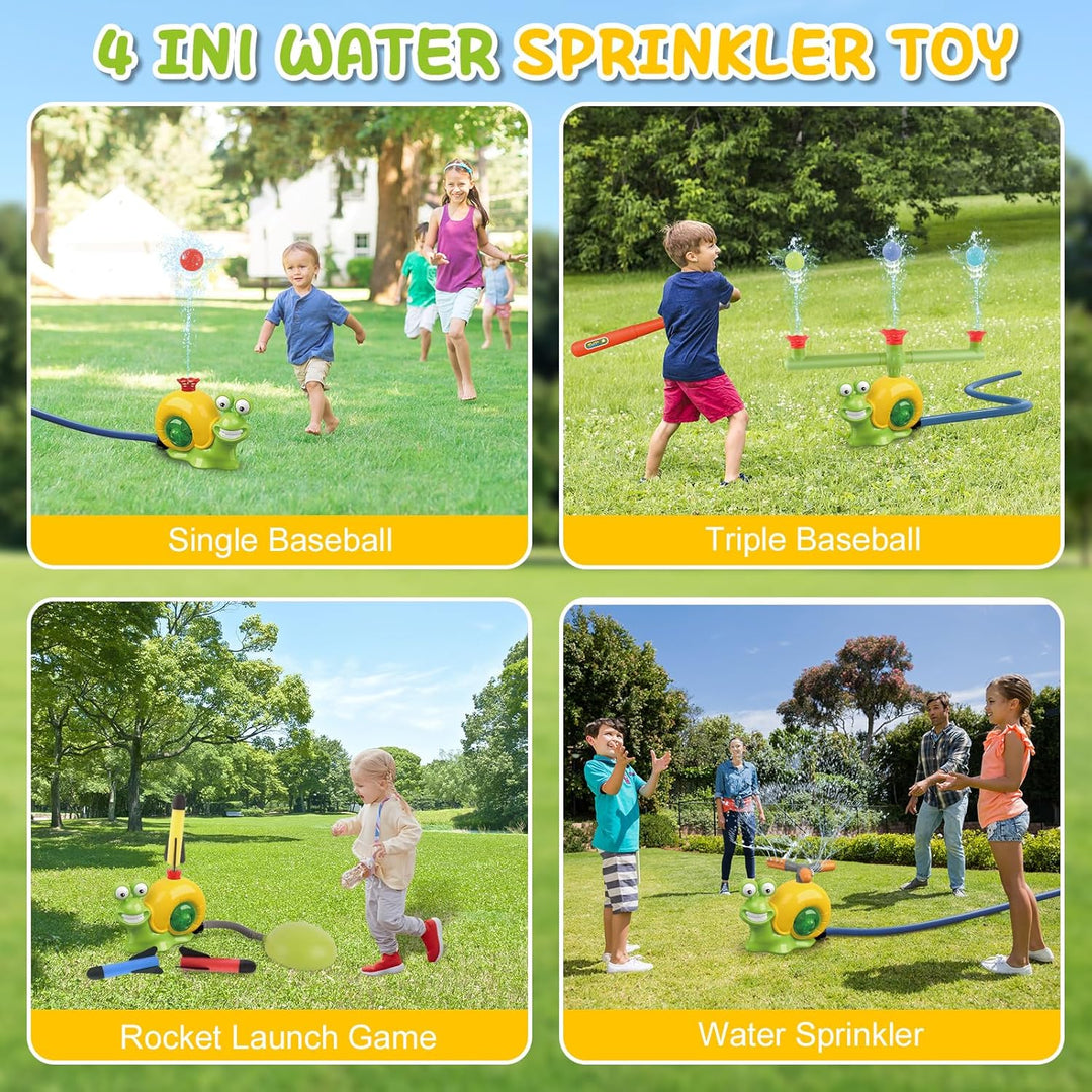 deAO 4-IN-1 Gartenspielzeug mit Wasserspritzfunktion und Schaumra: Baseball + Raketenstart mit 360°