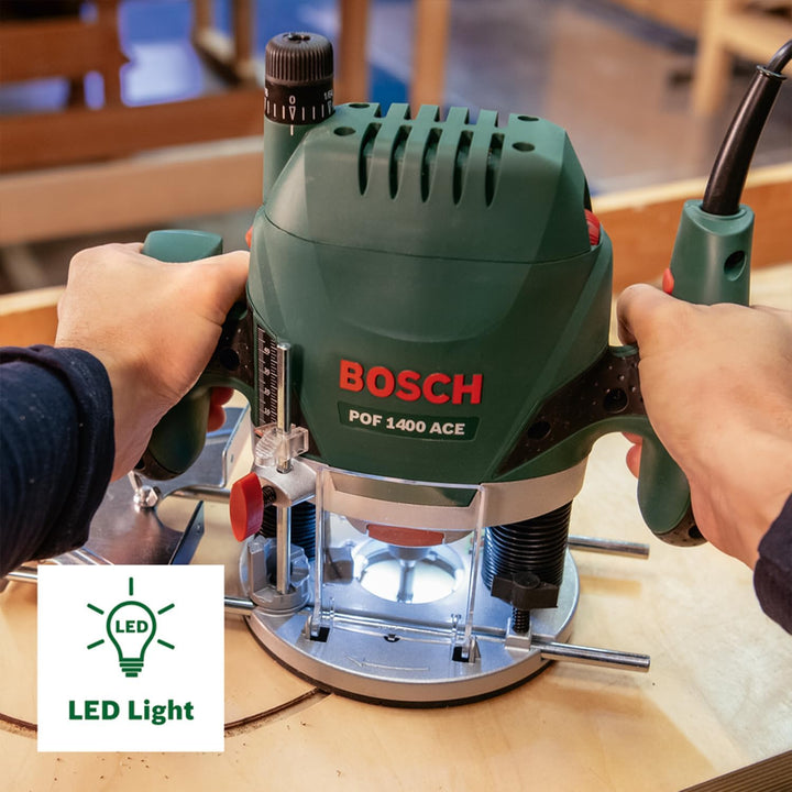 Bosch Home and Garden Oberfräse POF 1400 ACE (3 x Spannzange, Fräser, Parallelanschlag, Absaugadapte