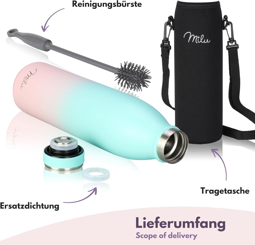 Milu Edelstahl Trinkflasche 350ml, 500ml, 750ml, 1L, 1,5L – Thermosflasche für Kinder Erwachsene aus