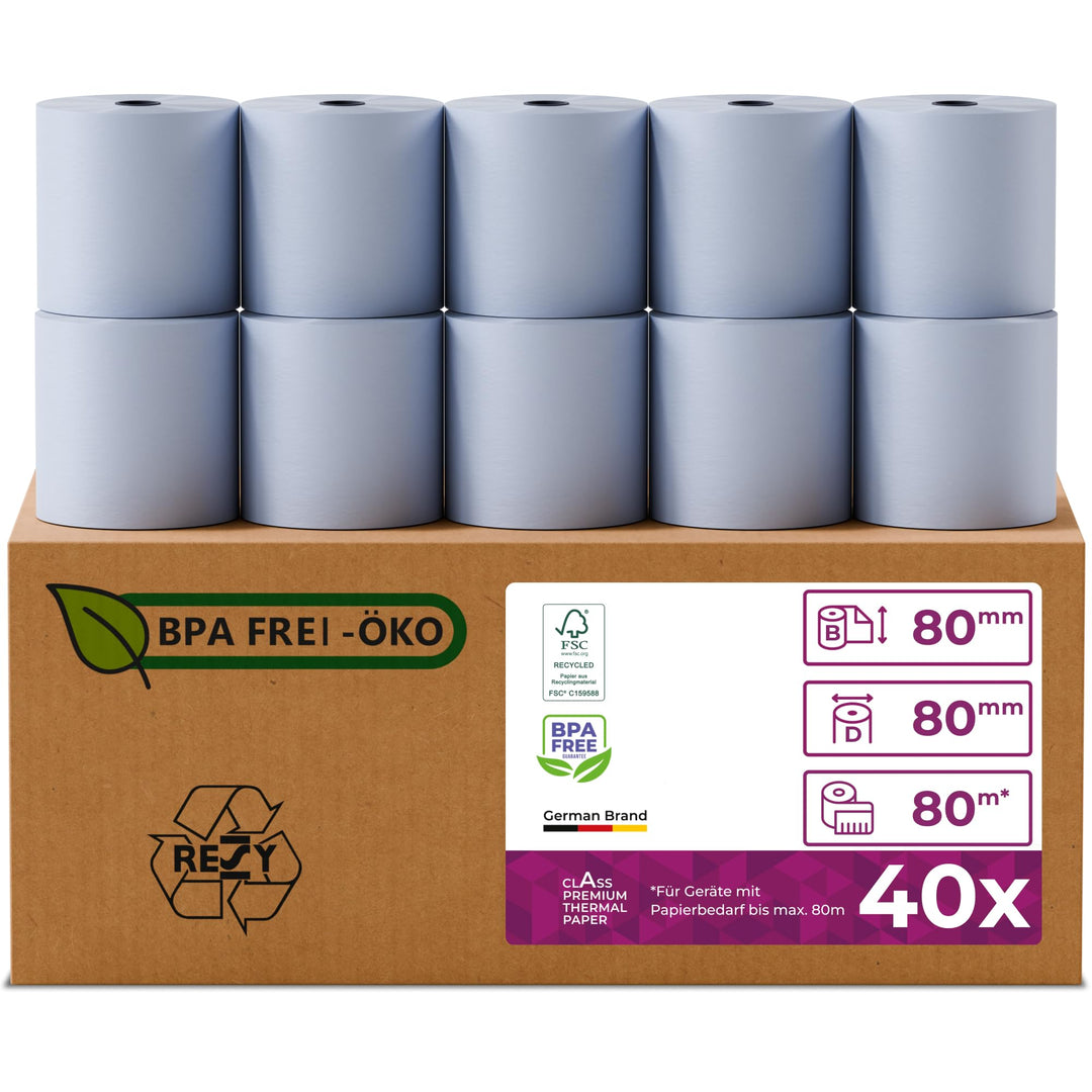 Phenolfreie ÖKO Thermorollen/Bonrollen/Kassenrollen / 80mm x 80m x 12mm (80x80x12) für alle gängigen
