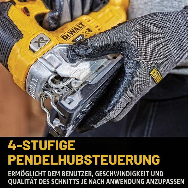 Dewalt 18V Akku-Pendelhubstichsäge DCS335NT (bürstenlos, verstellbarer Alu-Druckguss-Sägeschuh, 3-fa