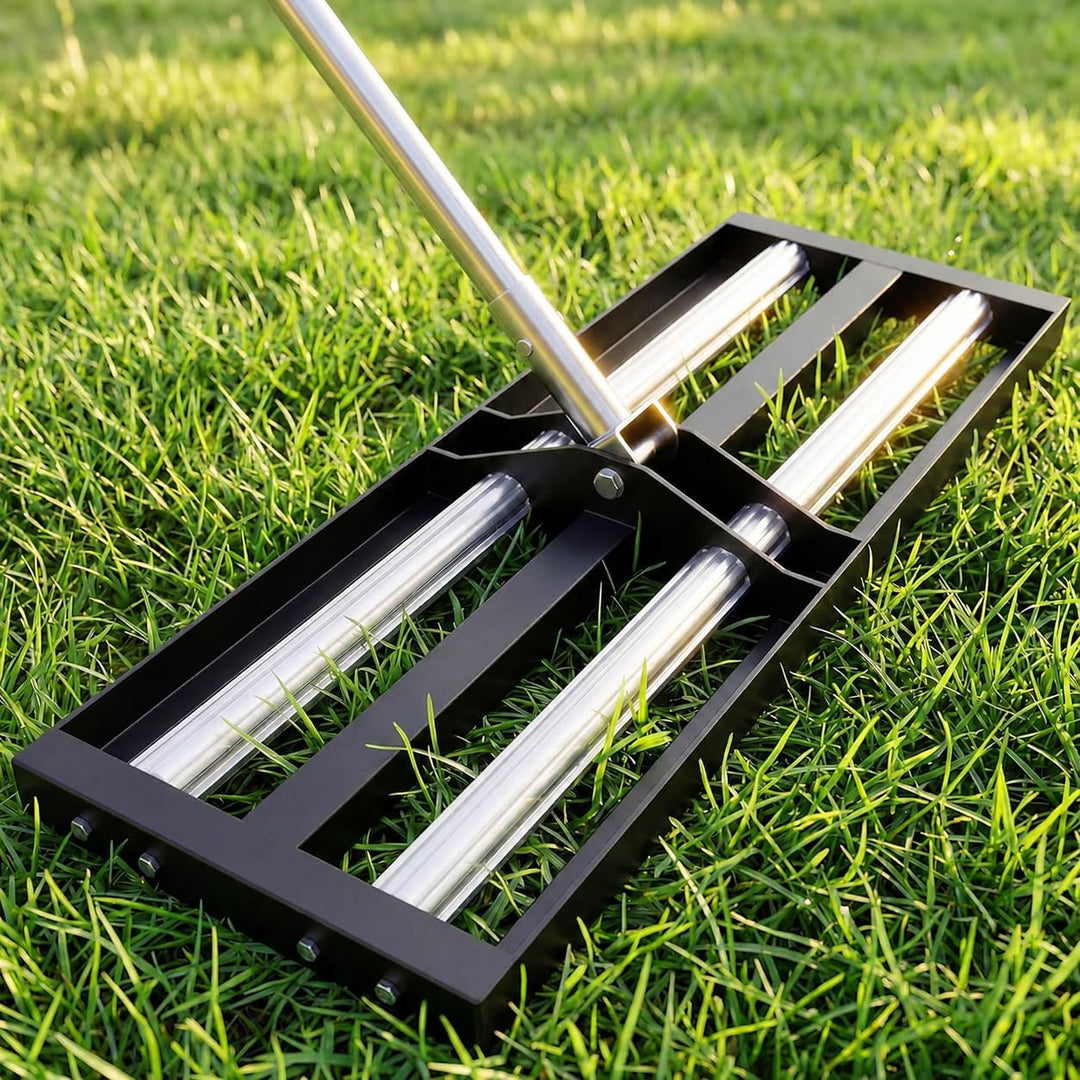 Rasen-Nivellierrechen Edelstahl mit Alurolle | Lawn Leveling Rake with Stainless Steel Head &amp; Adjust