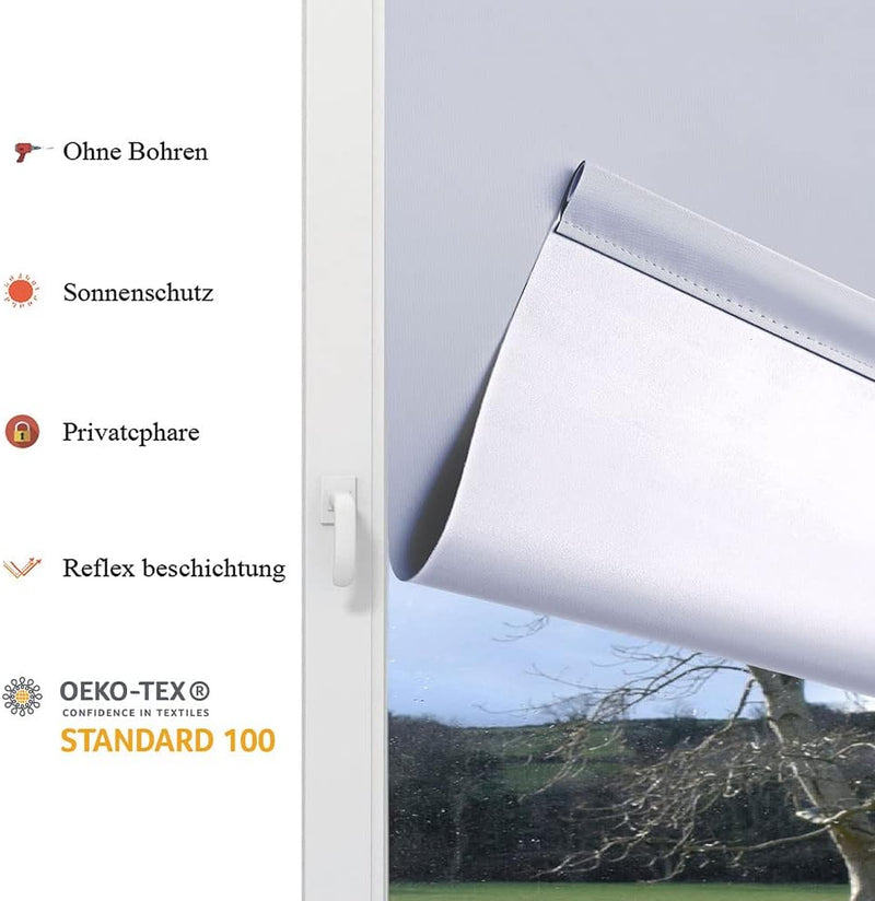 Eurohome Verdunkelungsrollo Thermo Rollo 100x130cm (Stoffbreite 96 cm) Hellgrau Klemmfix ohne Bohren