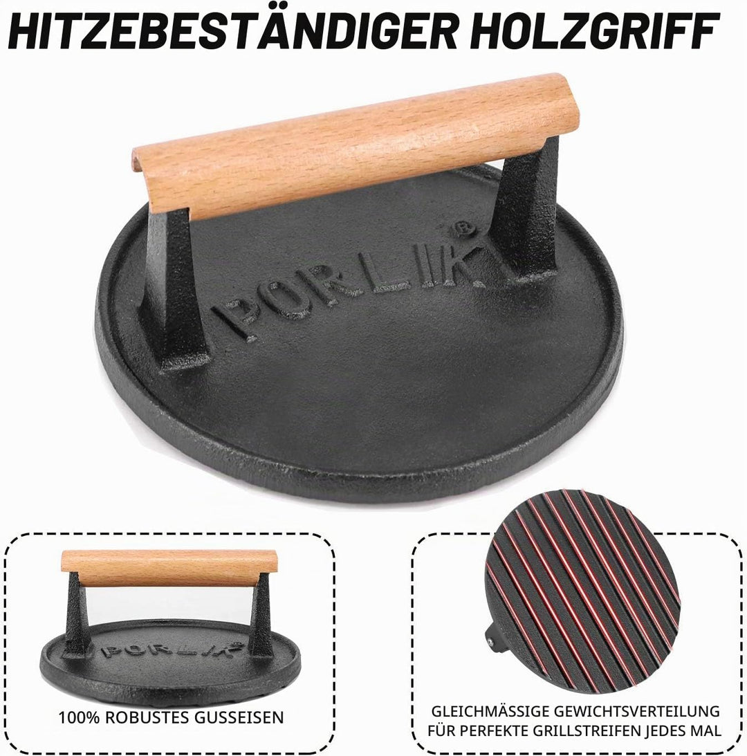 porlik Burgerpresse Gusseisen,Gro?er Burger Smasher (17.7cm) mit hitzeabweisendem Griff,Burger Press