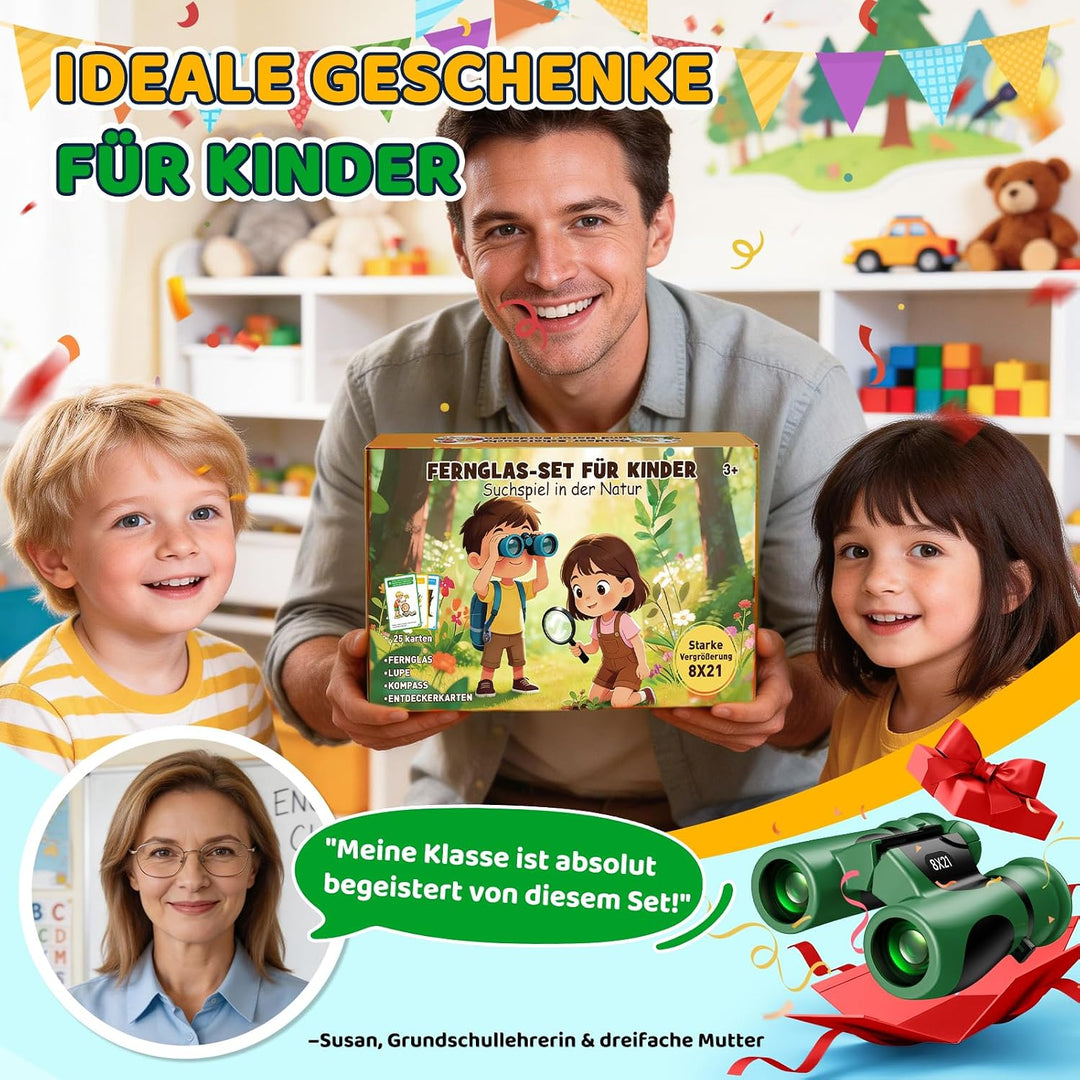 GeschenPark Fernglas Abenteuer Set mit Entdeckungskarten – Kompass – Lupe, Grün 8X-Grün, 8X-Grün