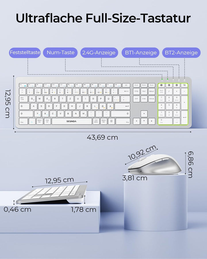 Seenda COE300 Tastatur Maus Set Kabellos, Dual-Bluetooth + 2,4 GHz USB, Ultra-Dünne Funktastatur für
