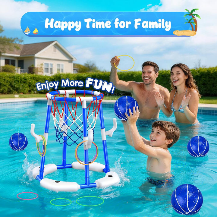 HaoVrisn Pool Basketballkorb Kinder Set, 2-in-1 Pool Spielzeug mit Ringwurf Spiel- 4 Bälle, 12 Ringe