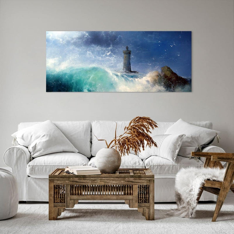 Wandbilder Dekoration Wohnzimmer Leuchtturm Meer Panorama Bilder auf Leinwand 120x50cm Leinwandbild