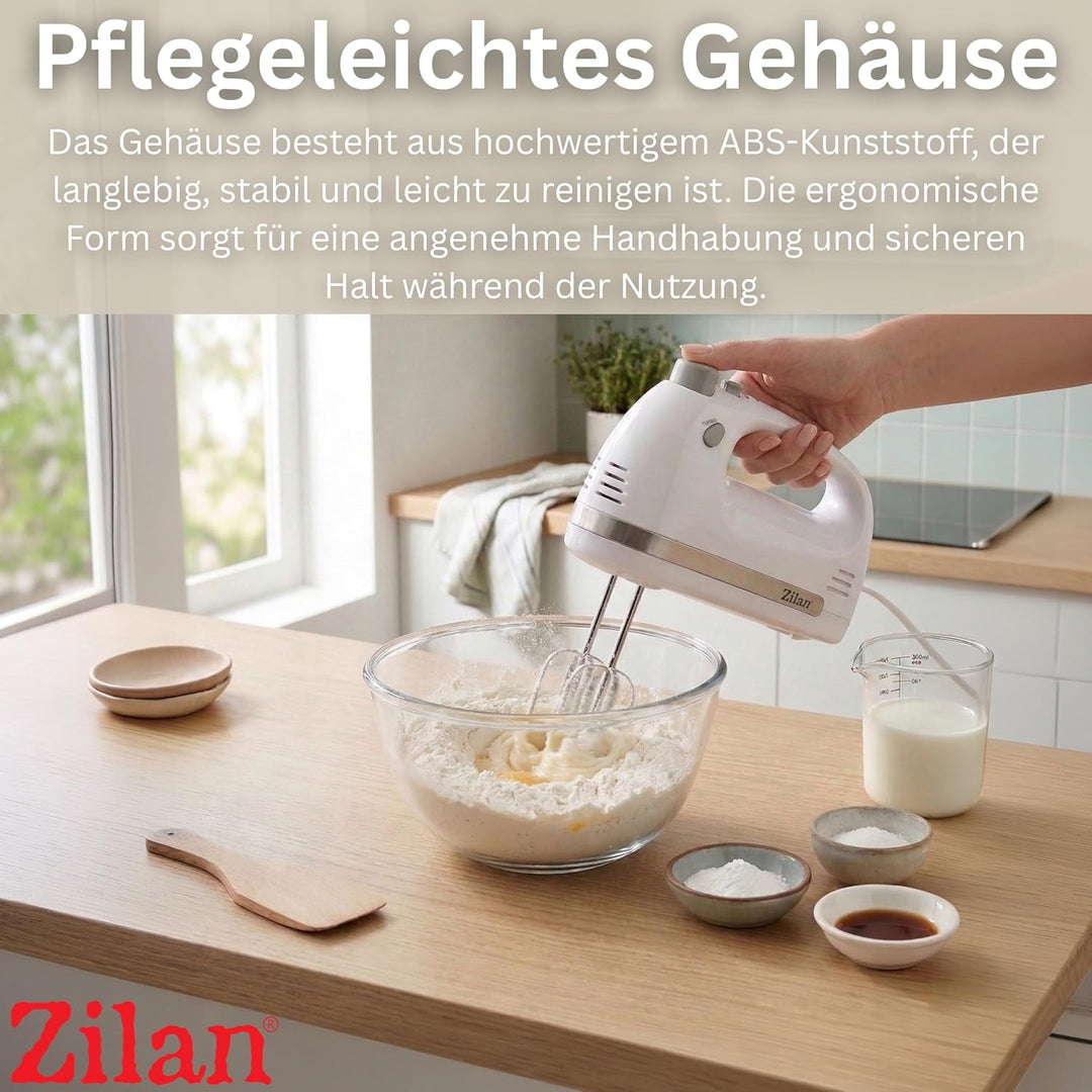 Zilan Handmixer 500W mit Ständer – Elektrischer Handrührer mit 5 Geschwindigkeiten + Turbo, Leise Kü