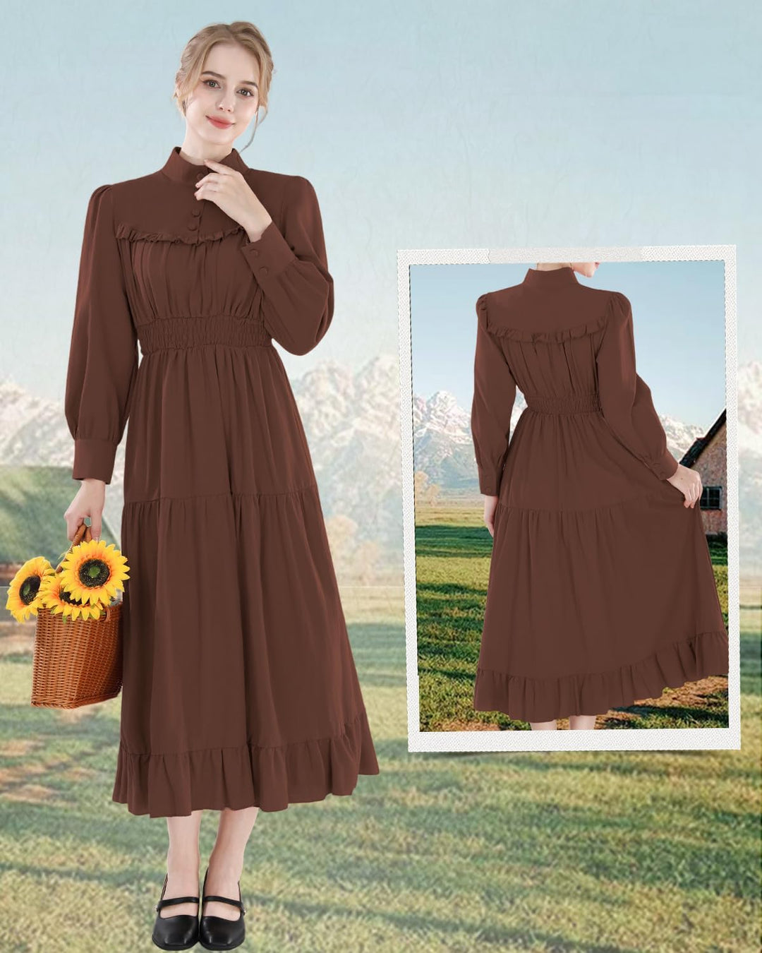 CR ROLECOS Mittelalter Kleidung Damen Viktorianisches Kleid Langarm A-Linie Vintage Edwardianisches