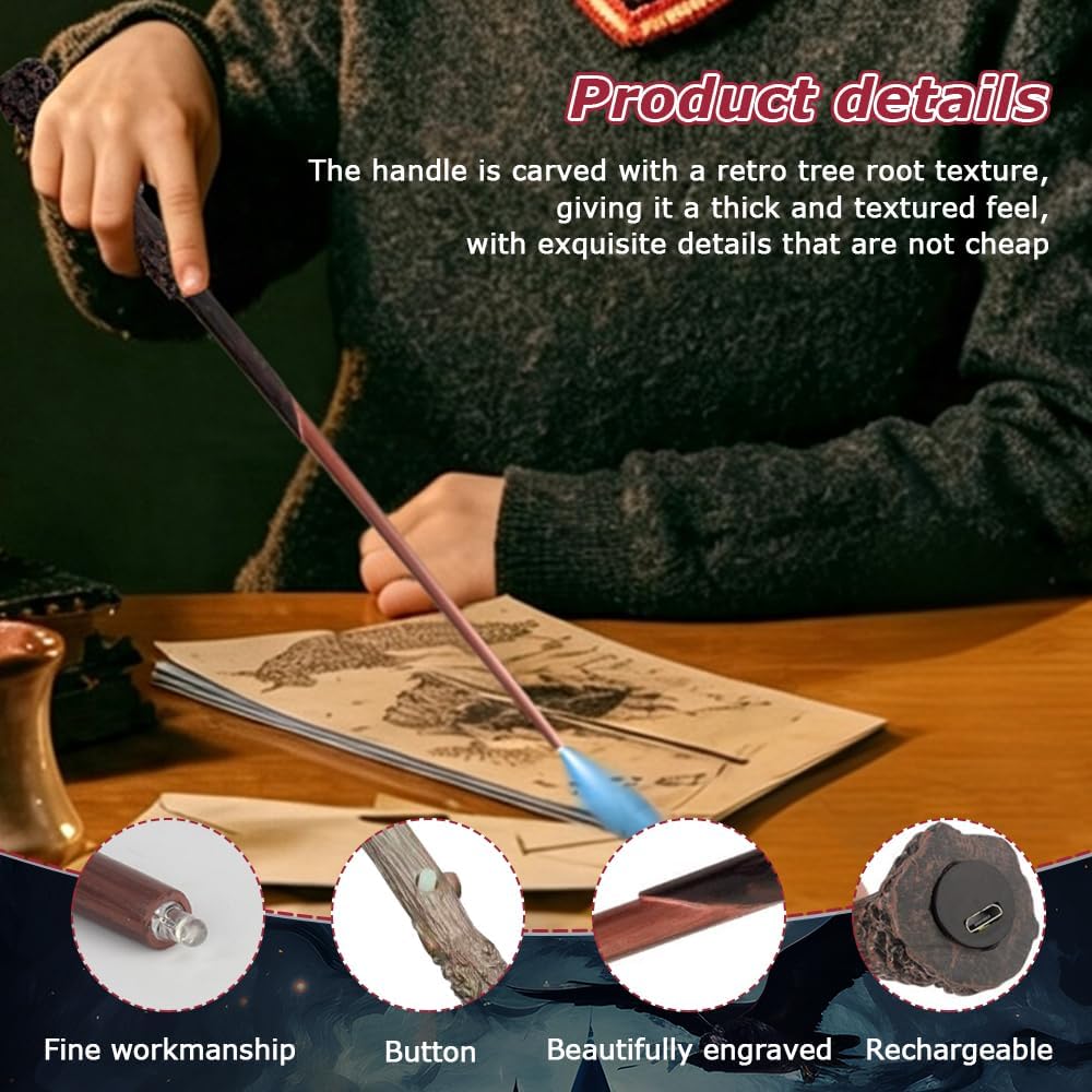 Harry Zauberstab mit Licht, 35CM ZauberstabHpotter, Zauberstab aus Harz, USB Aufladung Magic Harry Z