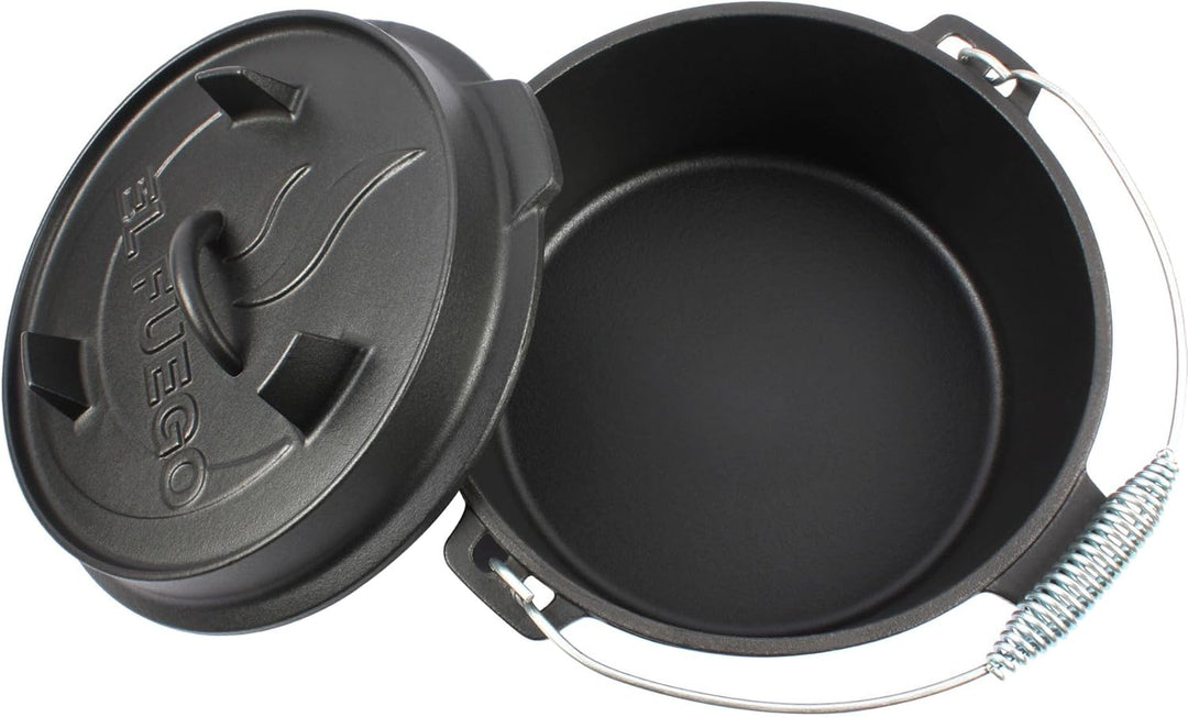 Dutch Oven 4,5 Liter von El Fuego®, 100% Gusseisen, inkl. Schürhaken und Tragebügel, Camping & Outdo