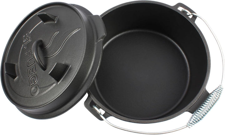 Dutch Oven 4,5 Liter von El Fuego®, 100% Gusseisen, inkl. Schürhaken und Tragebügel, Camping & Outdo
