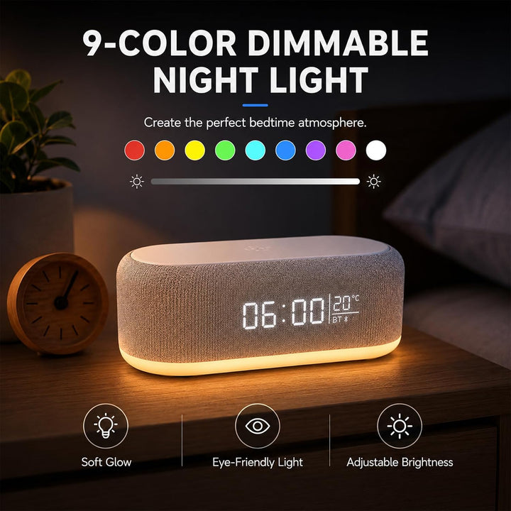 BYZESTY Radiowecker mit kabellosem Laden 15 W, Digitaler Radiowecker, Bluetooth, 6 in 1, mit Nachtli